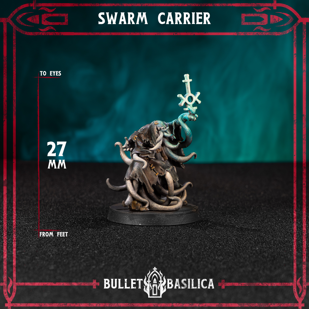 Bullet Basilica painted Swarm Carrier - an eldritch alien cult-beast in browns and teals with a writhing tentacled cthulhu visage and a raised ritual standard, on a base. 32mm-scale 3D-printed resin proxy monster for grimdark sci-fi tabletop wargaming (shown painted; ships unpainted).