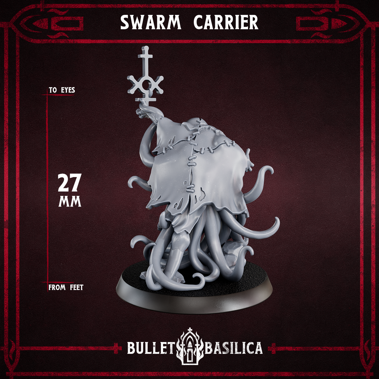 Coveted Forge render of the Swarm Carrier from behind, showing the hooded cloak and trailing tentacles. Unpainted 32mm-scale 3D-printed resin proxy monster for grimdark sci-fi tabletop wargaming by Bullet Basilica.