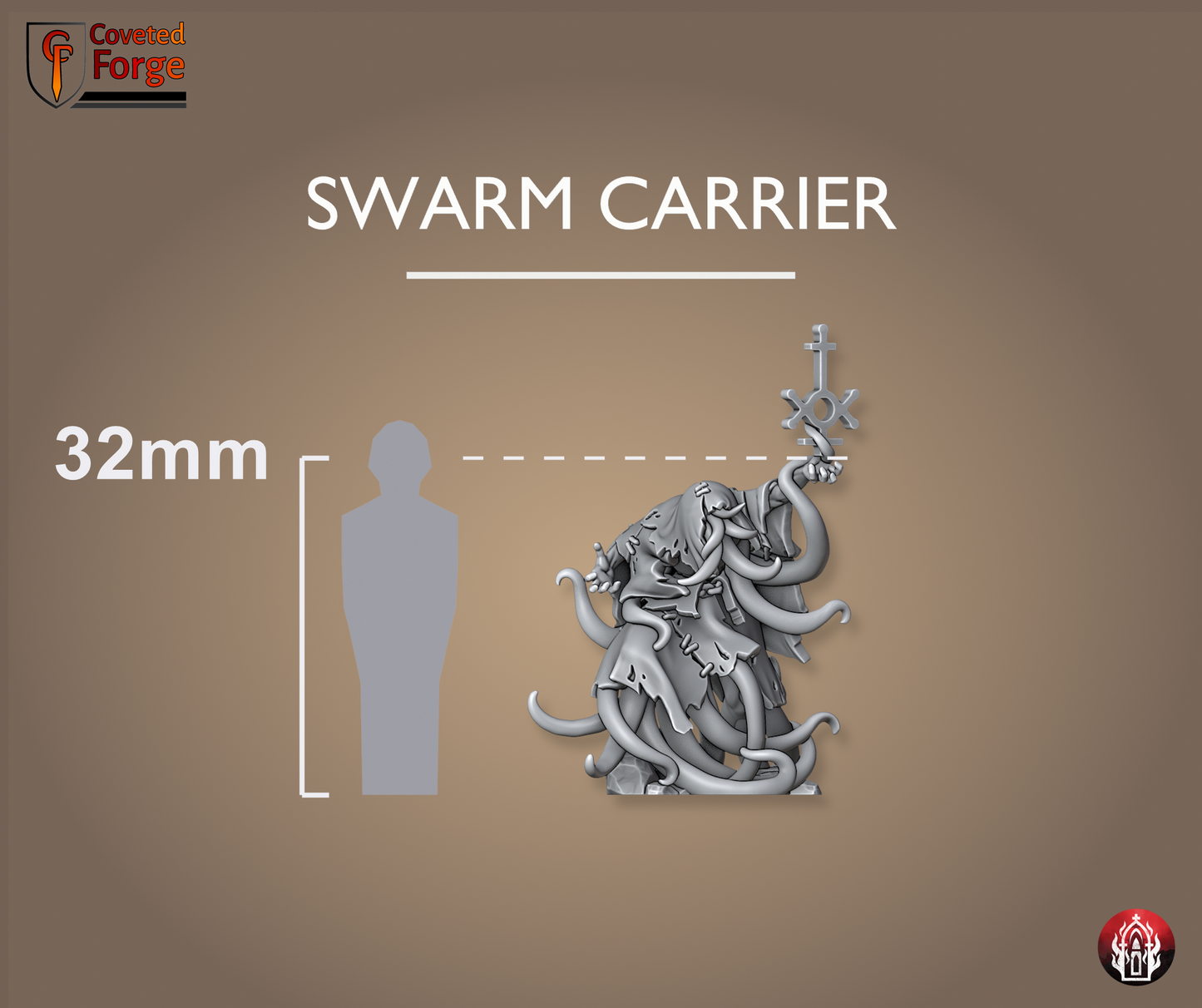 Coveted Forge scale reference for the Swarm Carrier beside a 32mm human silhouette, the hunched tentacled alien beast shown at true size. Unpainted 3D-printed resin proxy monster for 28-32mm grimdark sci-fi tabletop wargaming.