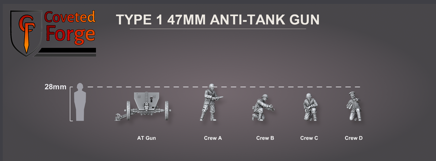 Type 1 47mm anti-tank gun team scale lineup, gun and four crew beside a 28mm human