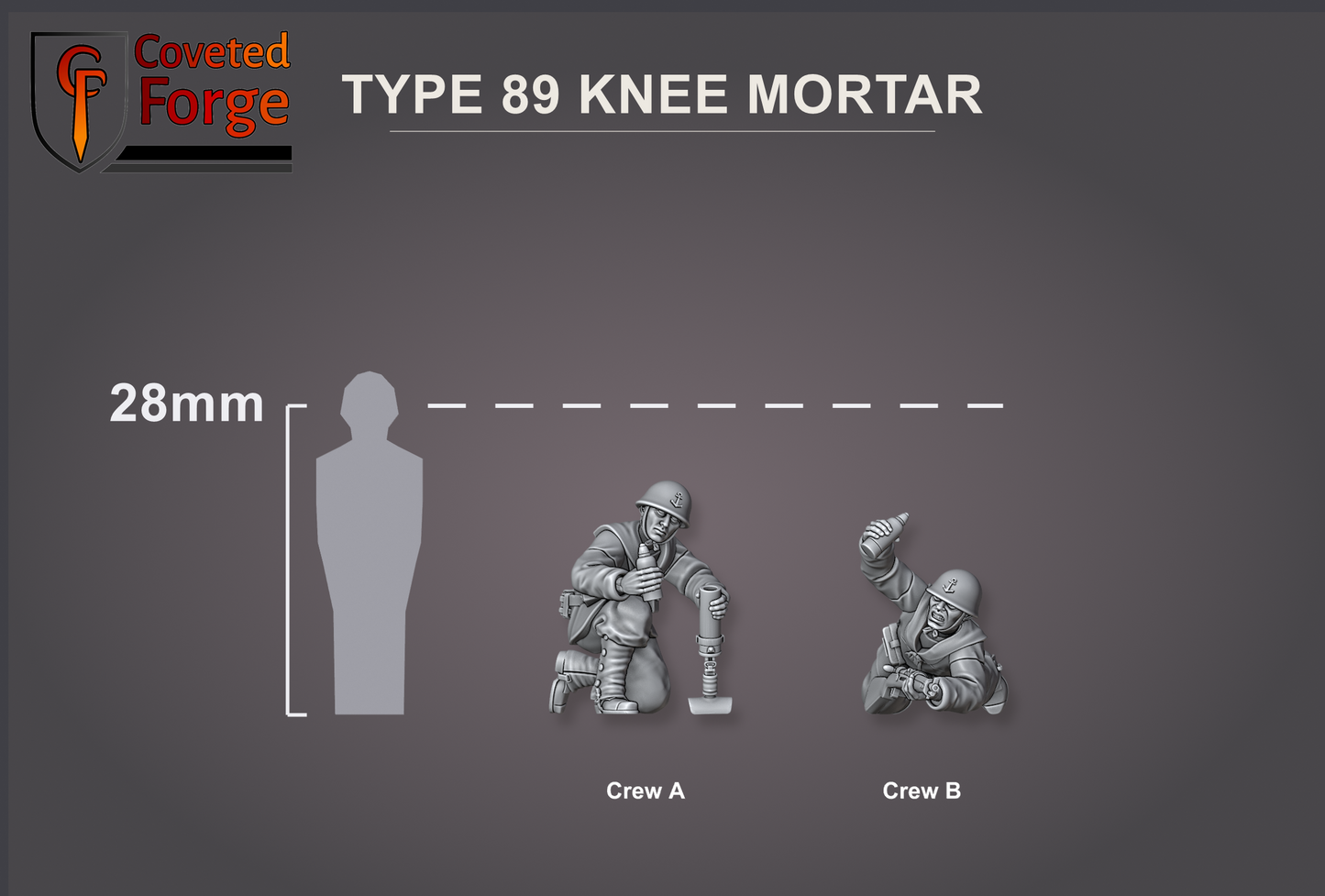 Type 89 knee mortar team scale lineup, two crew beside a 28mm human