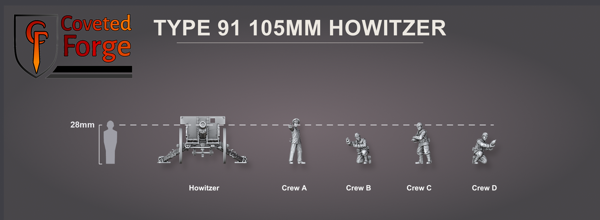 Type 91 105mm howitzer team scale lineup, howitzer and four crew beside a 28mm human