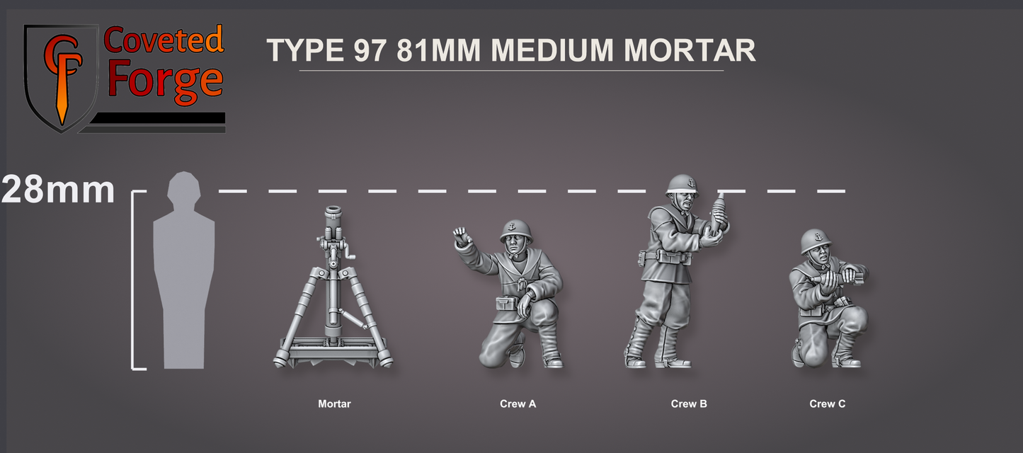 Type 97 81mm mortar team scale lineup, mortar and three crew beside a 28mm human