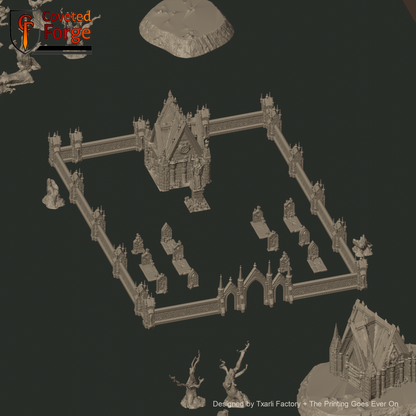 Table Ready Haunted Cemetery Battlefield: walled gothic cemetery with mausoleum, statue and tombstones