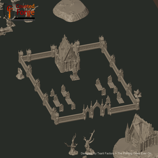 Table Ready Haunted Cemetery Battlefield: walled gothic cemetery with mausoleum, statue and tombstones