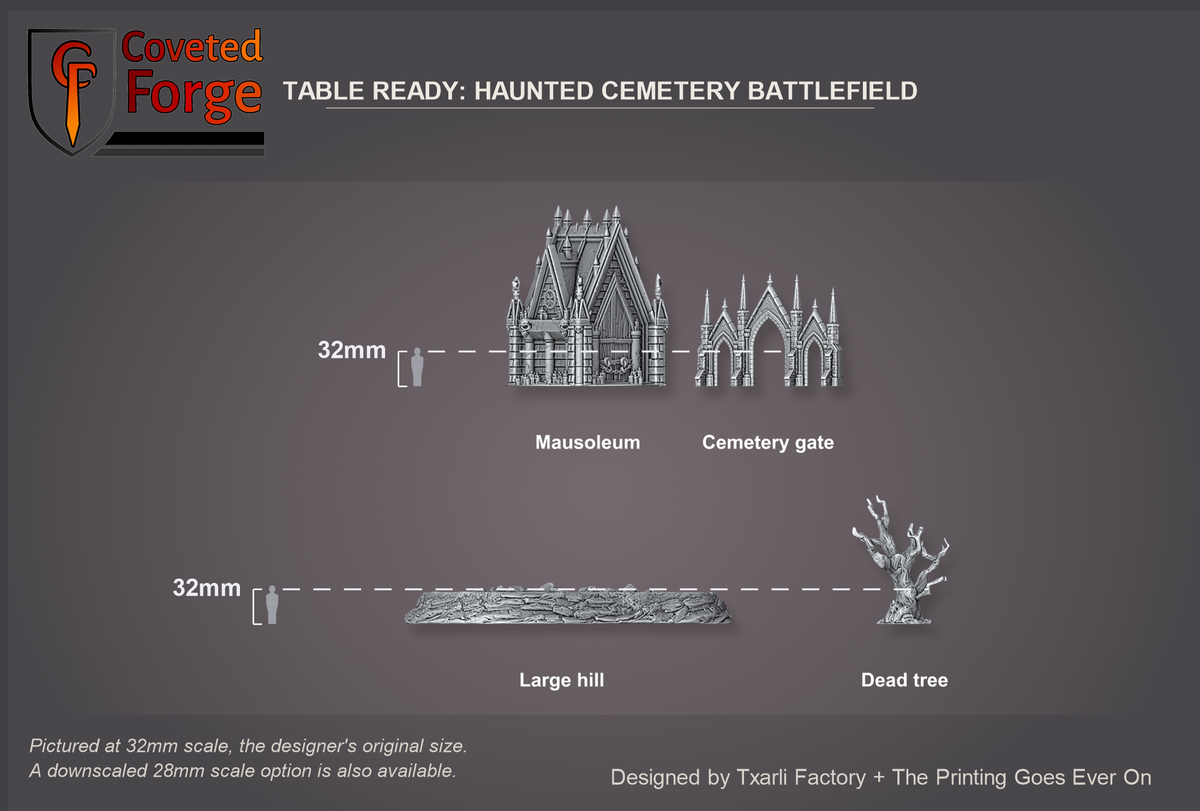 Scale reference beside a 32mm human silhouette: mausoleum 166 mm tall, cemetery gate 157 mm wide, large hill 330 x 257 mm, dead tree 119 mm tall. Pictured at 32mm, the original scale; a downscaled 28mm option is also available.