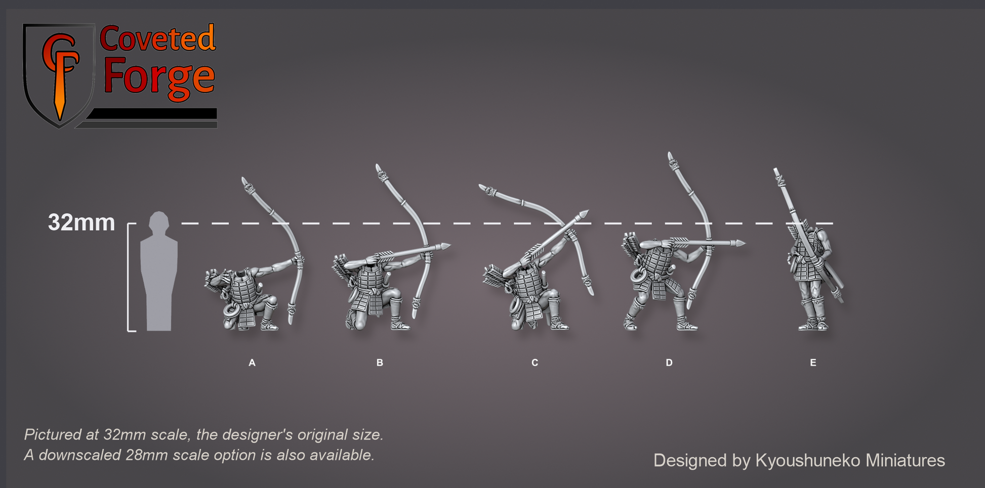 The five tatami-do ashigaru bowmen poses A to E, each drawing a yumi longbow, lined up beside a 32mm human silhouette for scale, on a charcoal background