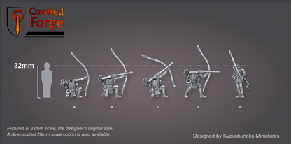 The five tatami-do ashigaru bowmen poses A to E, each drawing a yumi longbow, lined up beside a 32mm human silhouette for scale, on a charcoal background