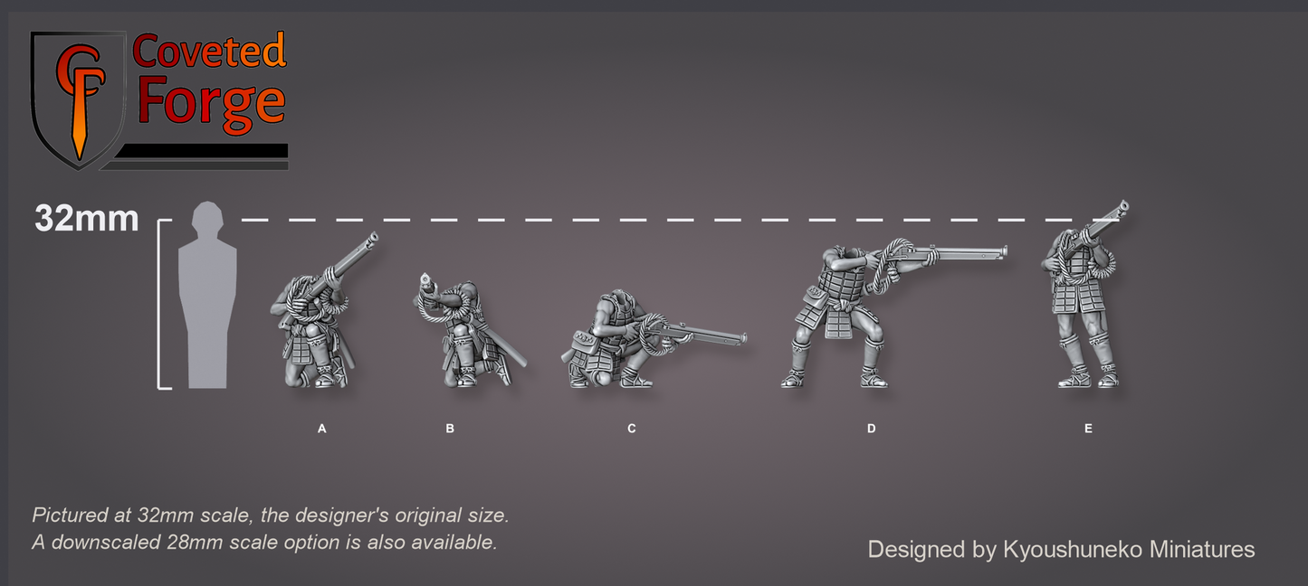 The five tatami-do ashigaru musketmen poses A to E firing and reloading matchlock teppo, lined up beside a 32mm human silhouette for scale, on a charcoal background