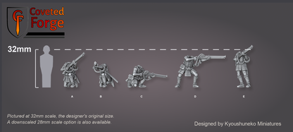 The five tatami-do ashigaru musketmen poses A to E firing and reloading matchlock teppo, lined up beside a 32mm human silhouette for scale, on a charcoal background