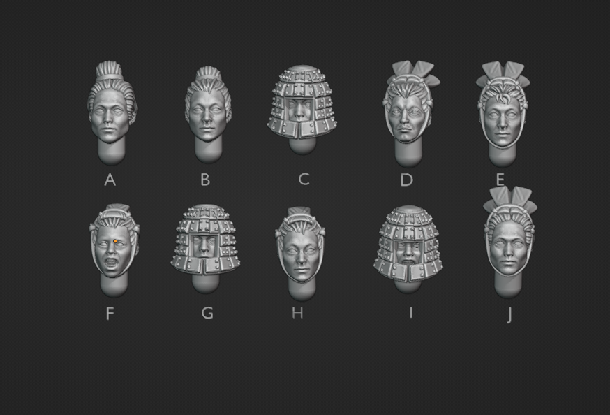 Terracotta Warrior Heads, ten Chinese Cathay resin head swaps with topknots and armored coifs, numbered A to J