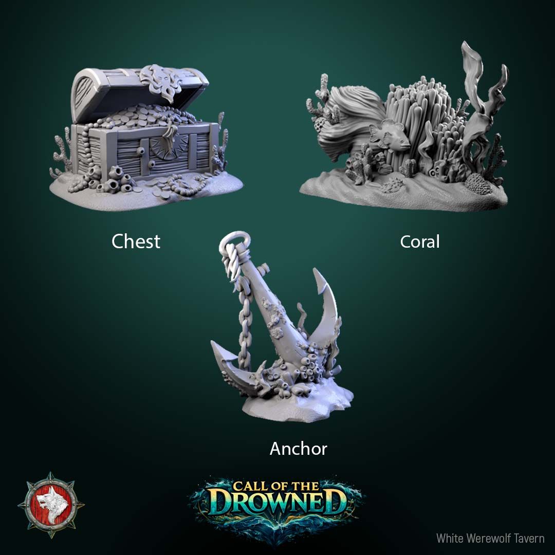Render of Underwater Scatter Terrain | Sunken Treasure, Coral and Anchor: Treasure chest, coral reef, and fouled anchor scatter pieces for underwater tables and dioramas, from Call of the Drowned. 3D printed resin terrain set.