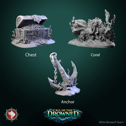 Render of Underwater Scatter Terrain | Sunken Treasure, Coral and Anchor: Treasure chest, coral reef, and fouled anchor scatter pieces for underwater tables and dioramas, from Call of the Drowned. 3D printed resin terrain set.