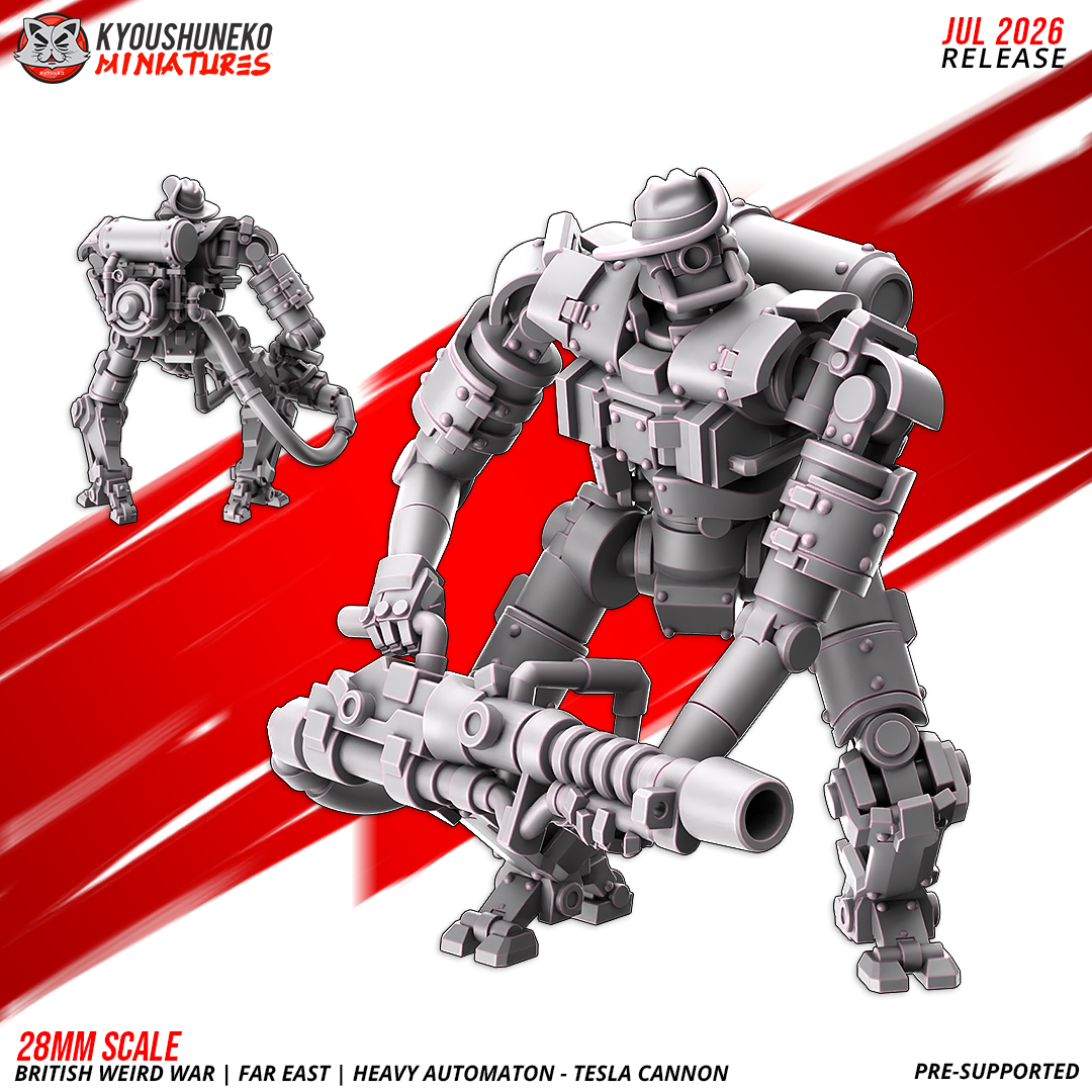 Dieselpunk automaton robot with an electric tesla cannon, angled view