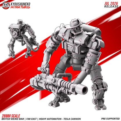 Dieselpunk automaton robot with an electric tesla cannon, angled view