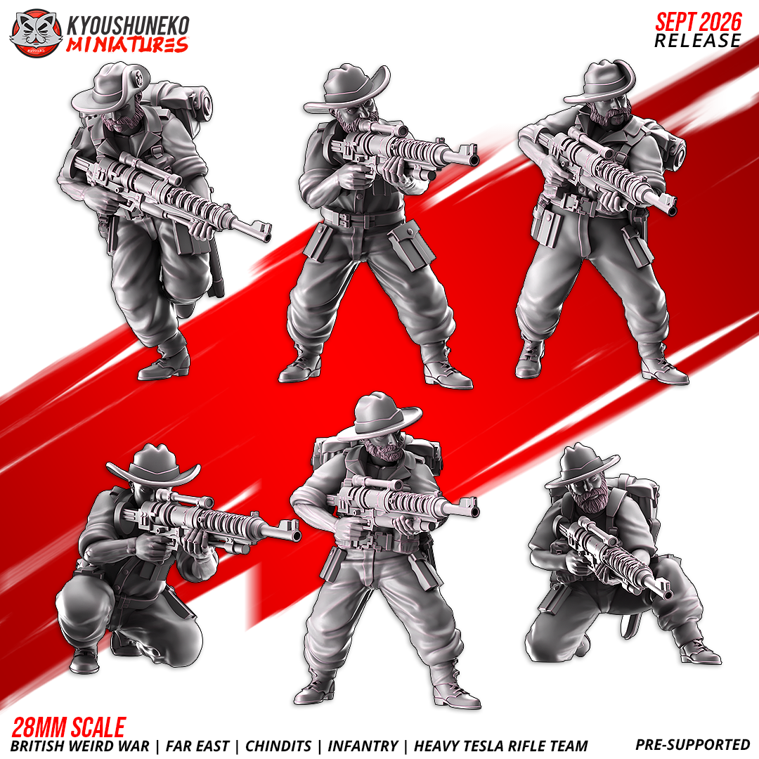 British Weird War Far East Chindit heavy tesla rifle team, six resin miniatures with tesla rifles and slouch hats by Kyoushuneko.