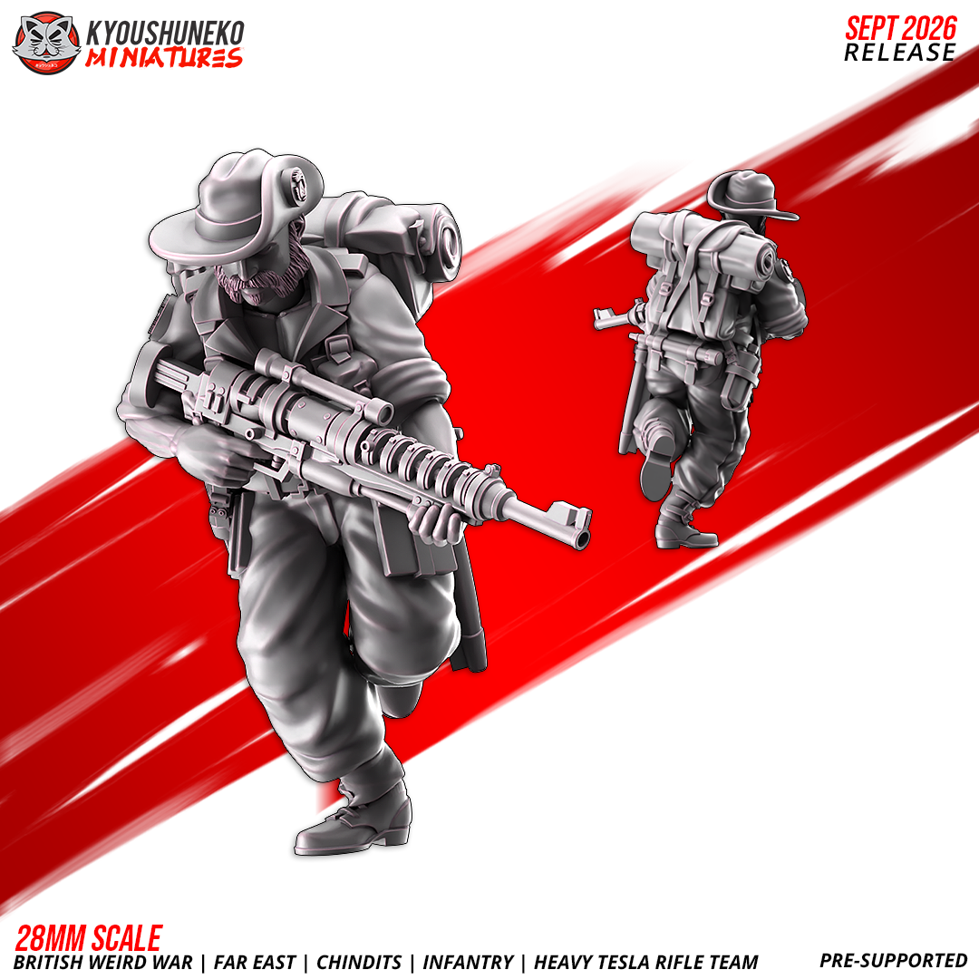 Chindit Heavy Tesla Rifle Team, Model 1: the designer's render of this figure (front, with rear view inset), 3D printed resin miniature by Kyoushuneko.