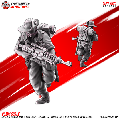 Chindit Heavy Tesla Rifle Team, Model 1: the designer's render of this figure (front, with rear view inset), 3D printed resin miniature by Kyoushuneko.