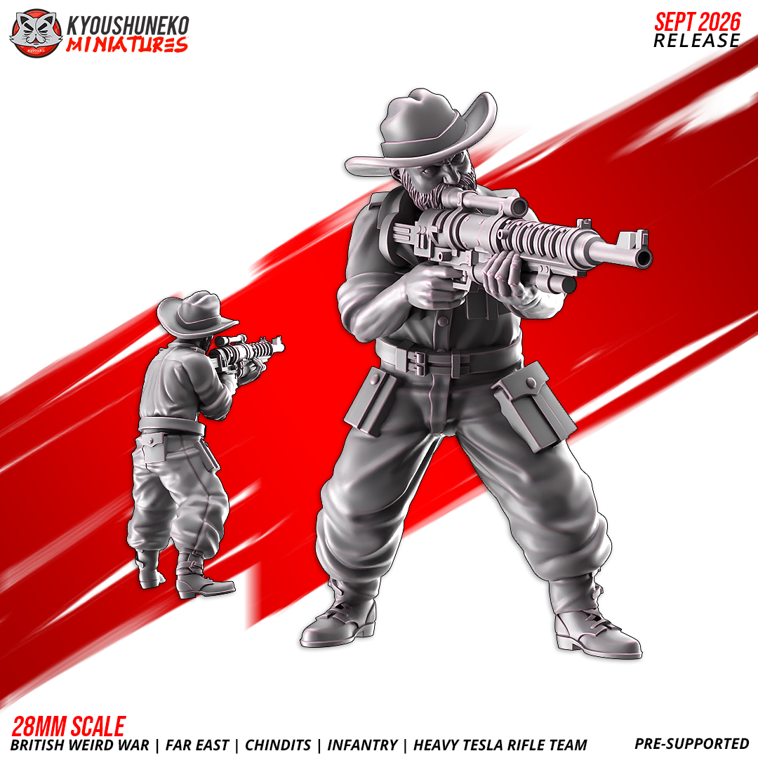 Chindit Heavy Tesla Rifle Team, Model 2: the designer's render of this figure (front, with rear view inset), 3D printed resin miniature by Kyoushuneko.