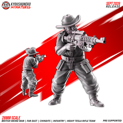 Chindit Heavy Tesla Rifle Team, Model 2: the designer's render of this figure (front, with rear view inset), 3D printed resin miniature by Kyoushuneko.