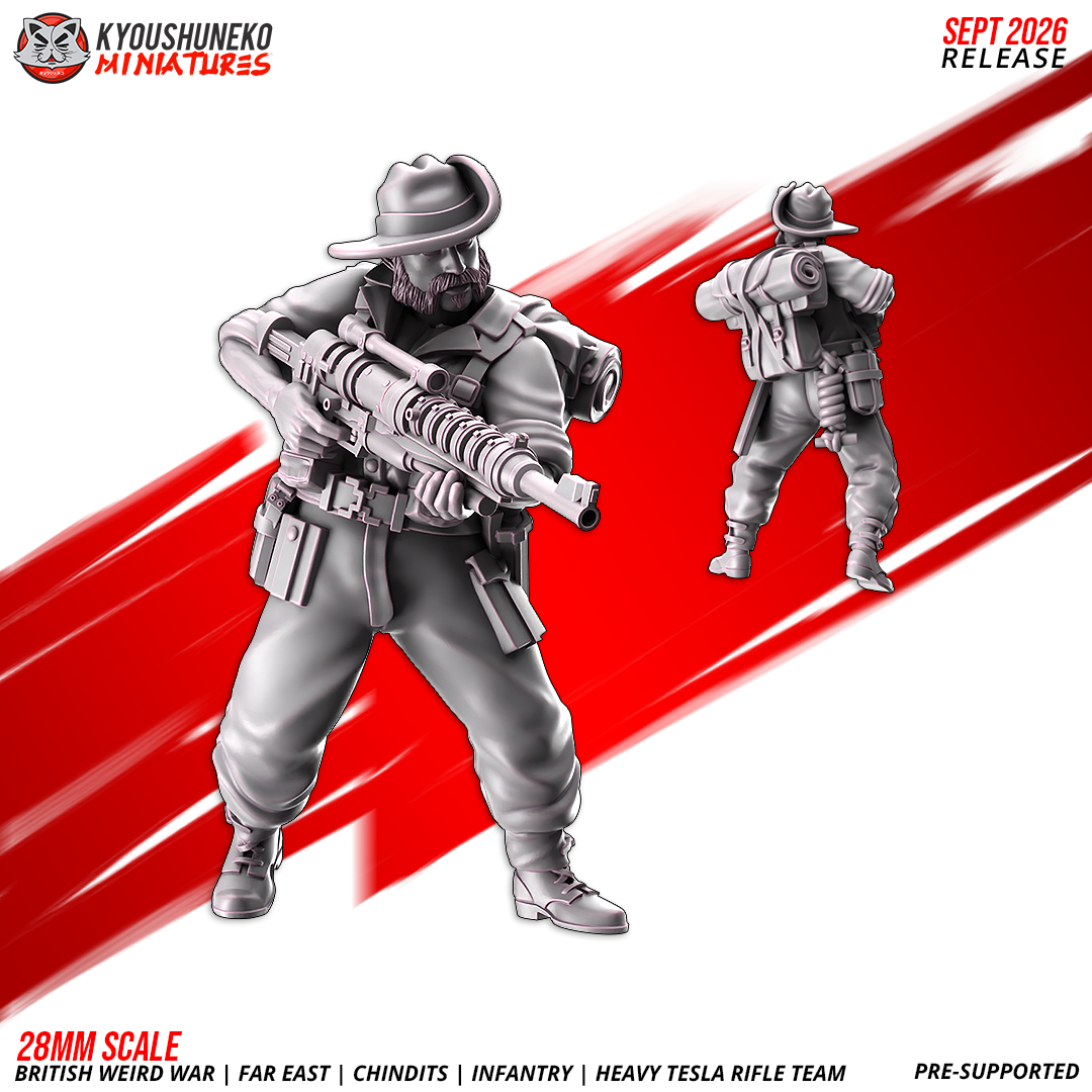 Chindit Heavy Tesla Rifle Team, Model 3: the designer's render of this figure (front, with rear view inset), 3D printed resin miniature by Kyoushuneko.