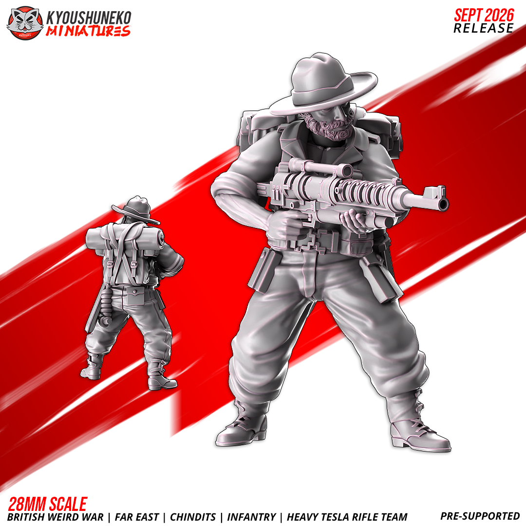 Chindit Heavy Tesla Rifle Team, Model 4: the designer's render of this figure (front, with rear view inset), 3D printed resin miniature by Kyoushuneko.