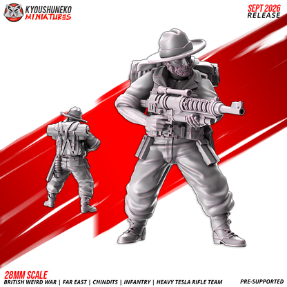 Chindit Heavy Tesla Rifle Team, Model 4: the designer's render of this figure (front, with rear view inset), 3D printed resin miniature by Kyoushuneko.