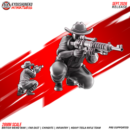 Chindit Heavy Tesla Rifle Team, Model 5: the designer's render of this figure (front, with rear view inset), 3D printed resin miniature by Kyoushuneko.