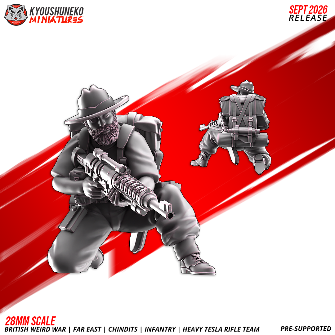 Chindit Heavy Tesla Rifle Team, Model 6: the designer's render of this figure (front, with rear view inset), 3D printed resin miniature by Kyoushuneko.