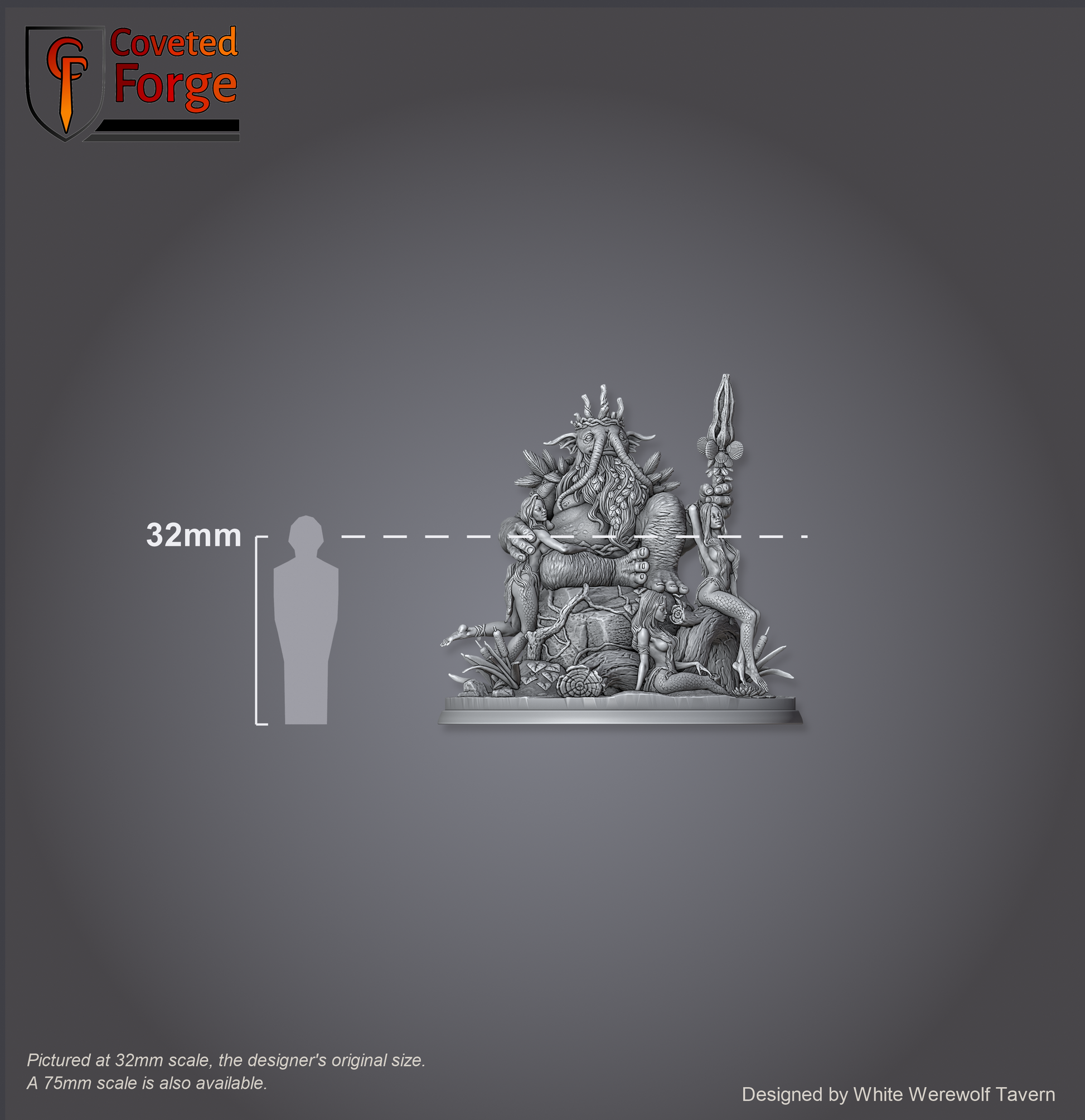 Scale reference: King Theomon Valceran diorama at 32mm scale beside a 32mm human silhouette