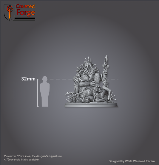 Scale reference: King Theomon Valceran diorama at 32mm scale beside a 32mm human silhouette