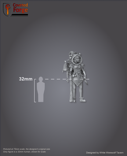 Scale reference: Thimblefolk Display Model at 75mm scale beside a 32mm human silhouette