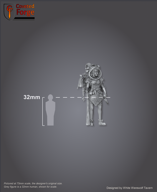 Scale reference: Thimblefolk Display Model at 75mm scale beside a 32mm human silhouette