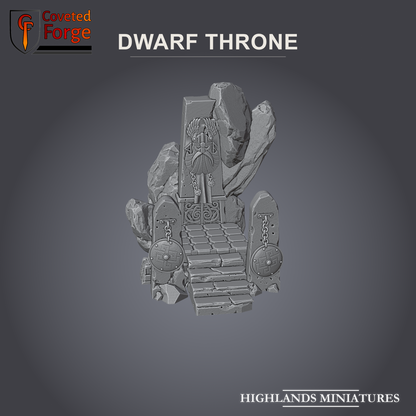 Render of Dwarf Throne | 32mm Resin Terrain Centerpiece | Highlands: A ruined dwarf throne rises from a broken stone dais with shattered walls and a stair. 3D printed resin terrain for Kings of War, Age of Fantasy, and Old World.