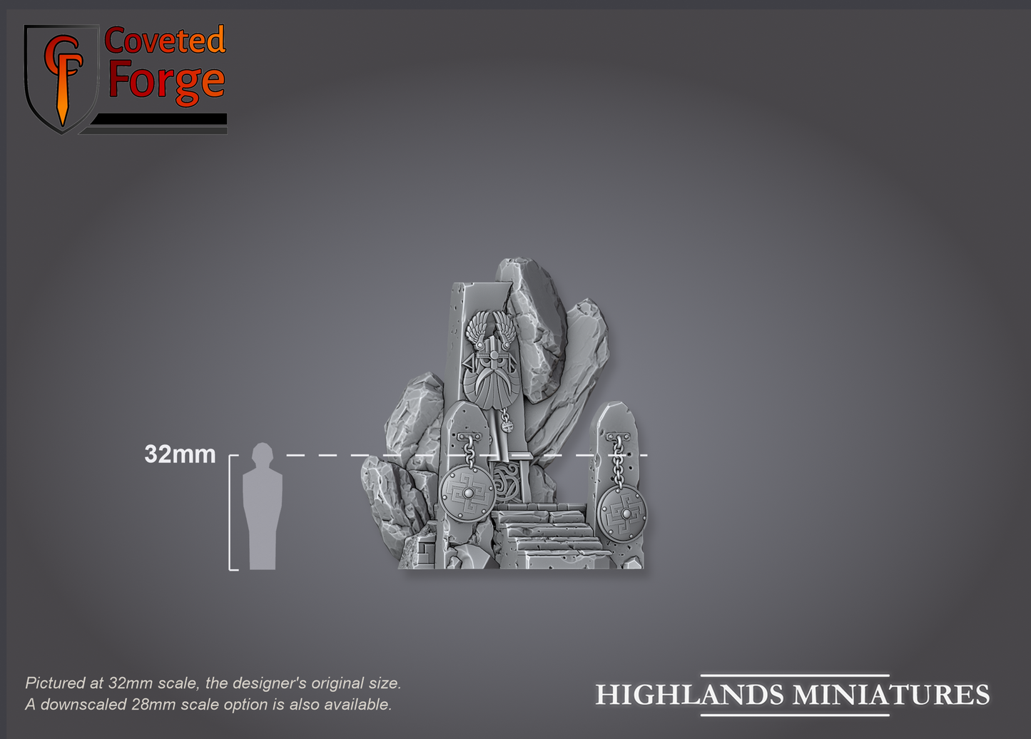 Render of Dwarf Throne | 32mm Resin Terrain Centerpiece | Highlands: A ruined dwarf throne rises from a broken stone dais with shattered walls and a stair. 3D printed resin terrain for Kings of War, Age of Fantasy, and Old World.