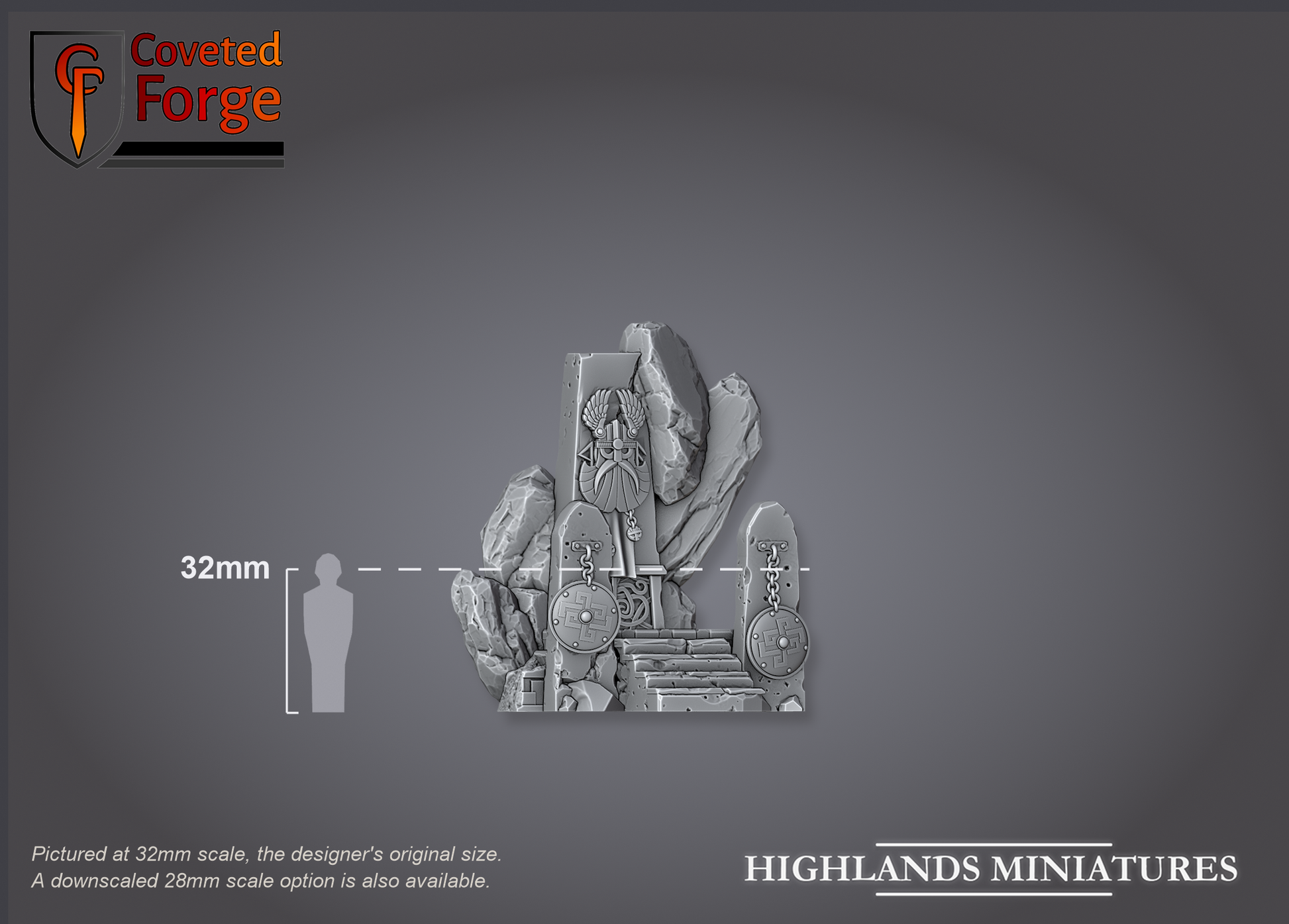 Render of Dwarf Throne | 32mm Resin Terrain Centerpiece | Highlands: A ruined dwarf throne rises from a broken stone dais with shattered walls and a stair. 3D printed resin terrain for Kings of War, Age of Fantasy, and Old World.