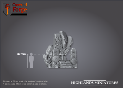 Render of Dwarf Throne | 32mm Resin Terrain Centerpiece | Highlands: A ruined dwarf throne rises from a broken stone dais with shattered walls and a stair. 3D printed resin terrain for Kings of War, Age of Fantasy, and Old World.