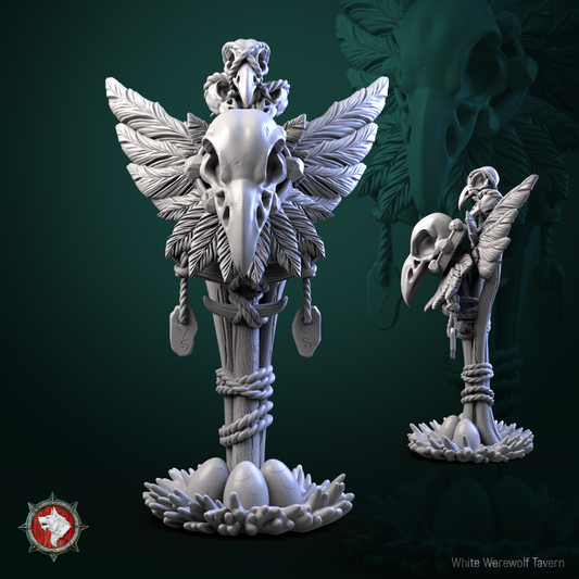 Raven skull totem scatter piece with feather fans, hanging charms and an egg nest