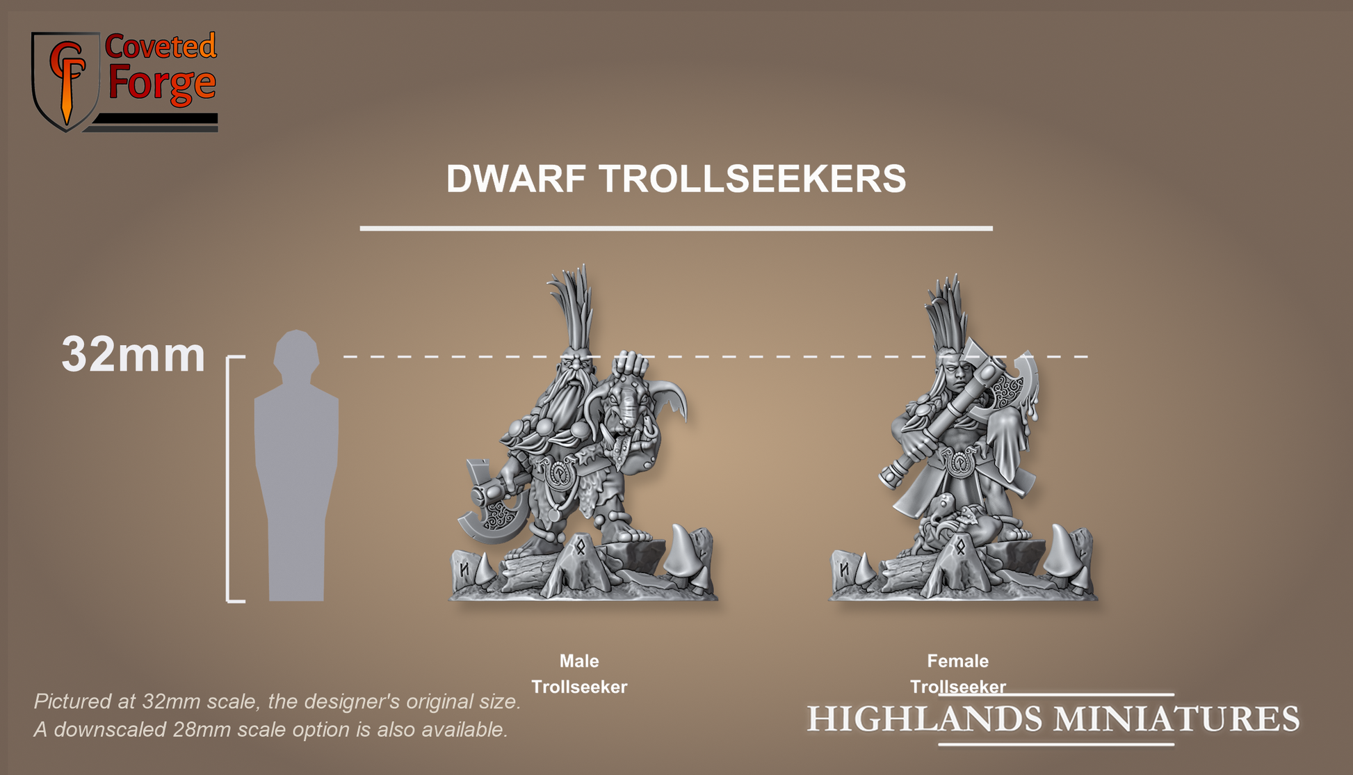 Dwarf Trollseekers on scenic bases, 32mm scale comparison
