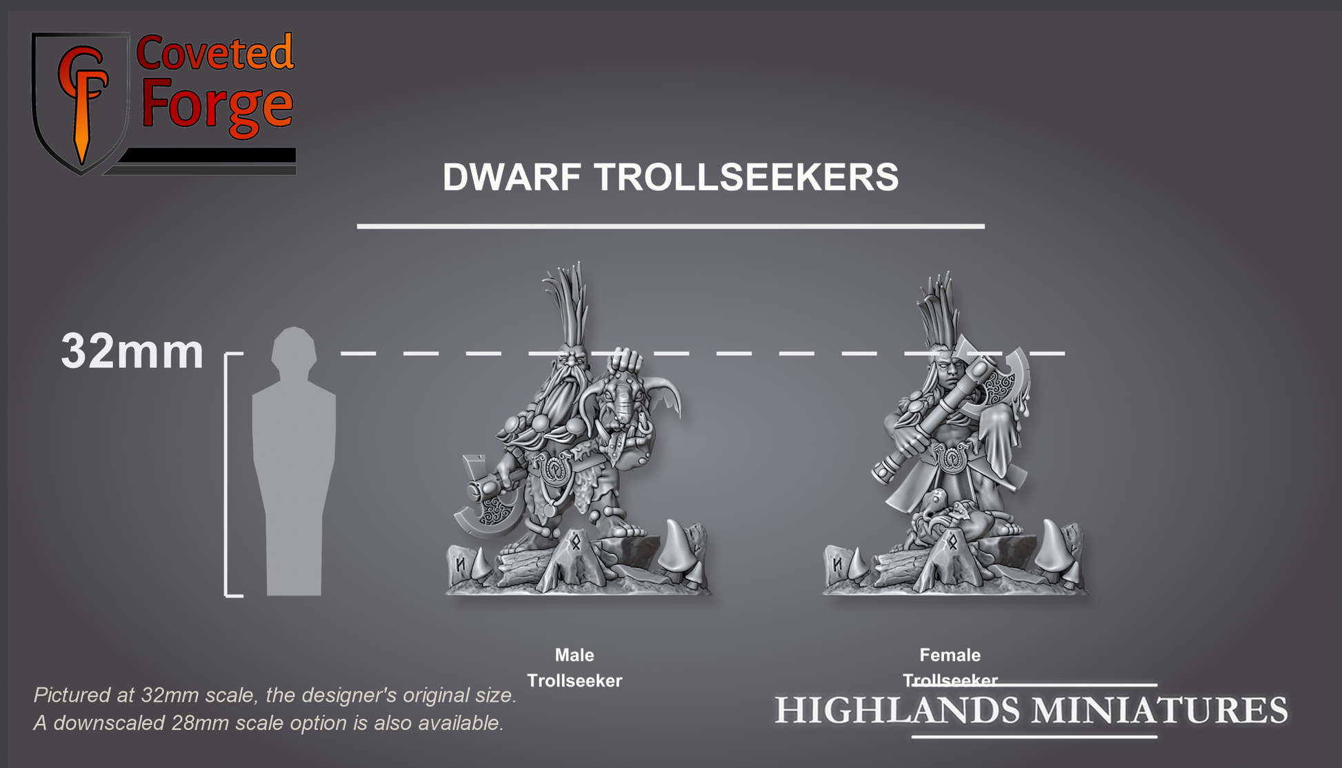 Dwarf Trollseekers on scenic bases, 32mm scale comparison