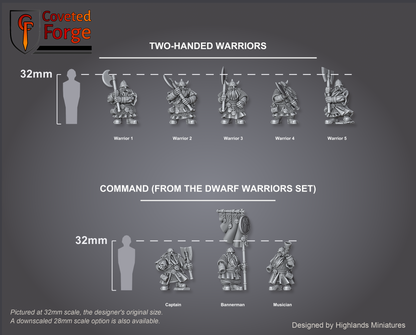 Dwarf Two-Handed Warriors scale lineup with command, 32mm bracket per row, scale note