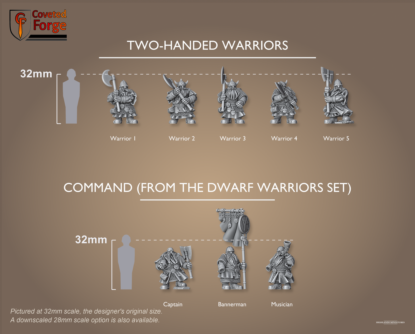 Dwarf Two-Handed Warriors scale lineup with command, 32mm bracket per row, scale note