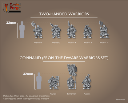 Dwarf Two-Handed Warriors scale lineup with command, 32mm bracket per row, scale note