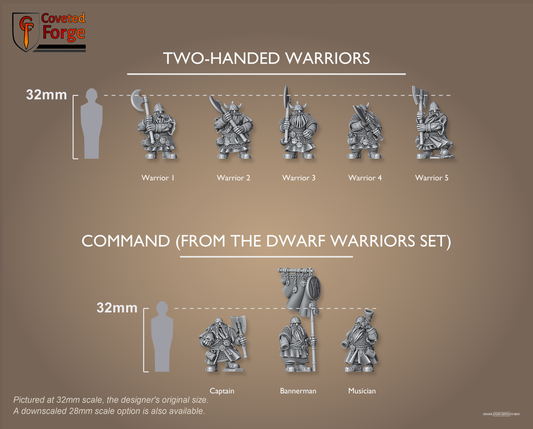 Dwarf Two-Handed Warriors scale lineup with command, 32mm bracket per row, scale note