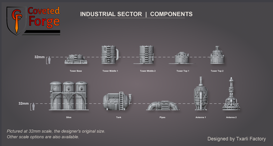 Industrial Sector components at 32mm scale beside a human figure, each part labeled.
