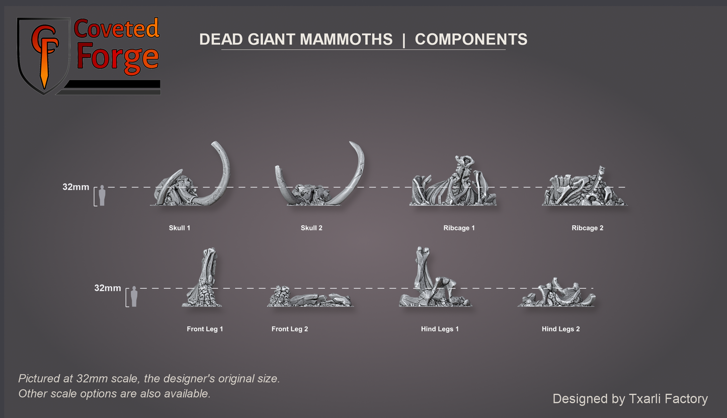 Dead Giant Mammoths components at 32mm scale beside a human figure, each bone labeled.