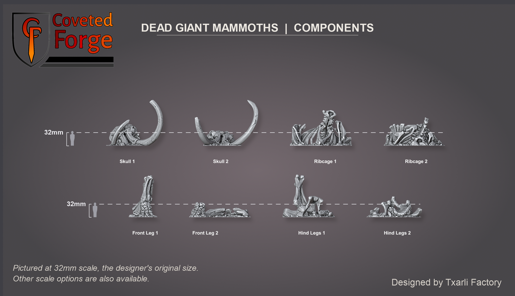 Dead Giant Mammoths components at 32mm scale beside a human figure, each bone labeled.