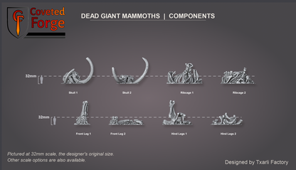 Dead Giant Mammoths components at 32mm scale beside a human figure, each bone labeled.