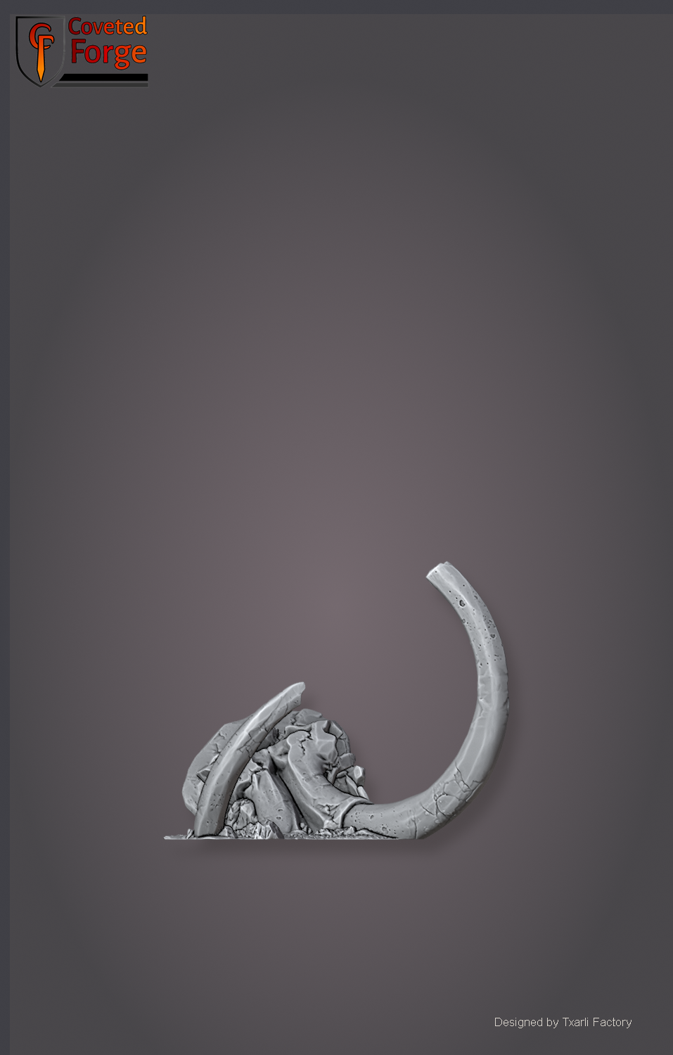 Dead giant mammoth skull with curving tusk, Txarli Factory scatter terrain.