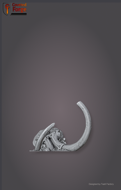 Dead giant mammoth skull with curving tusk, Txarli Factory scatter terrain.